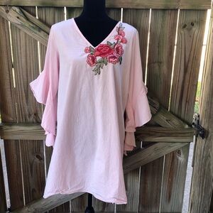 TVZ Rosa Claro Long Sleeve Pink Blouse with Embroidered Flowers Size 44